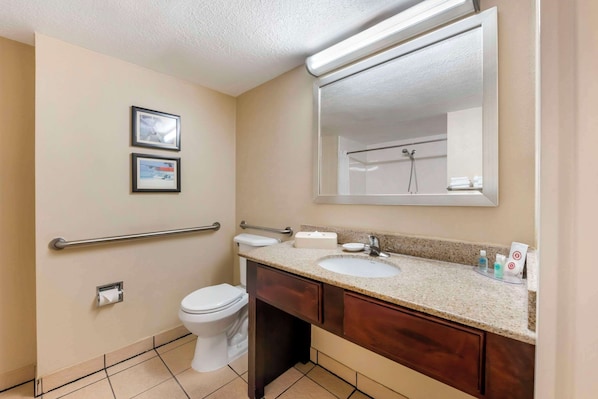 A bathroom with a toilet, sink, and mirror. There are two framed pictures on the wall, a handrail, and a towel rack.