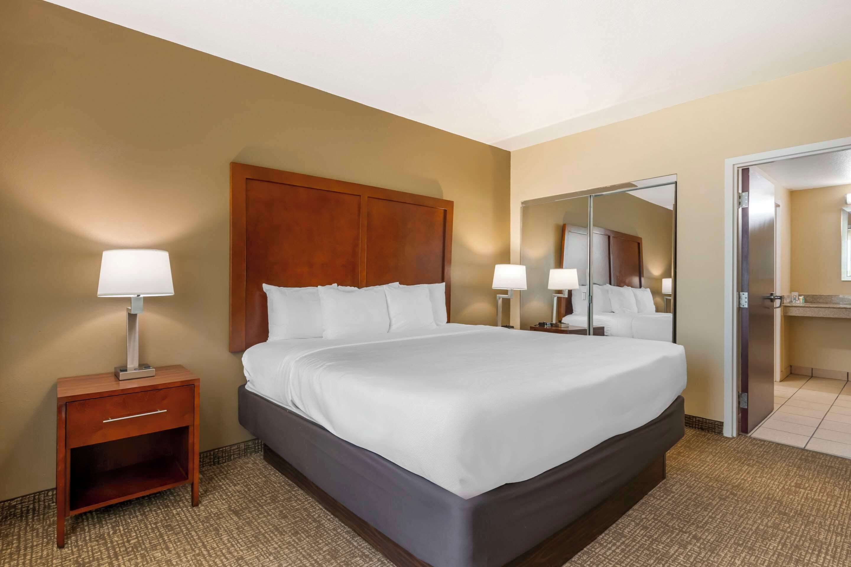 A hotel room with a large bed, a nightstand with a lamp, a mirror, and a door to the bathroom.
