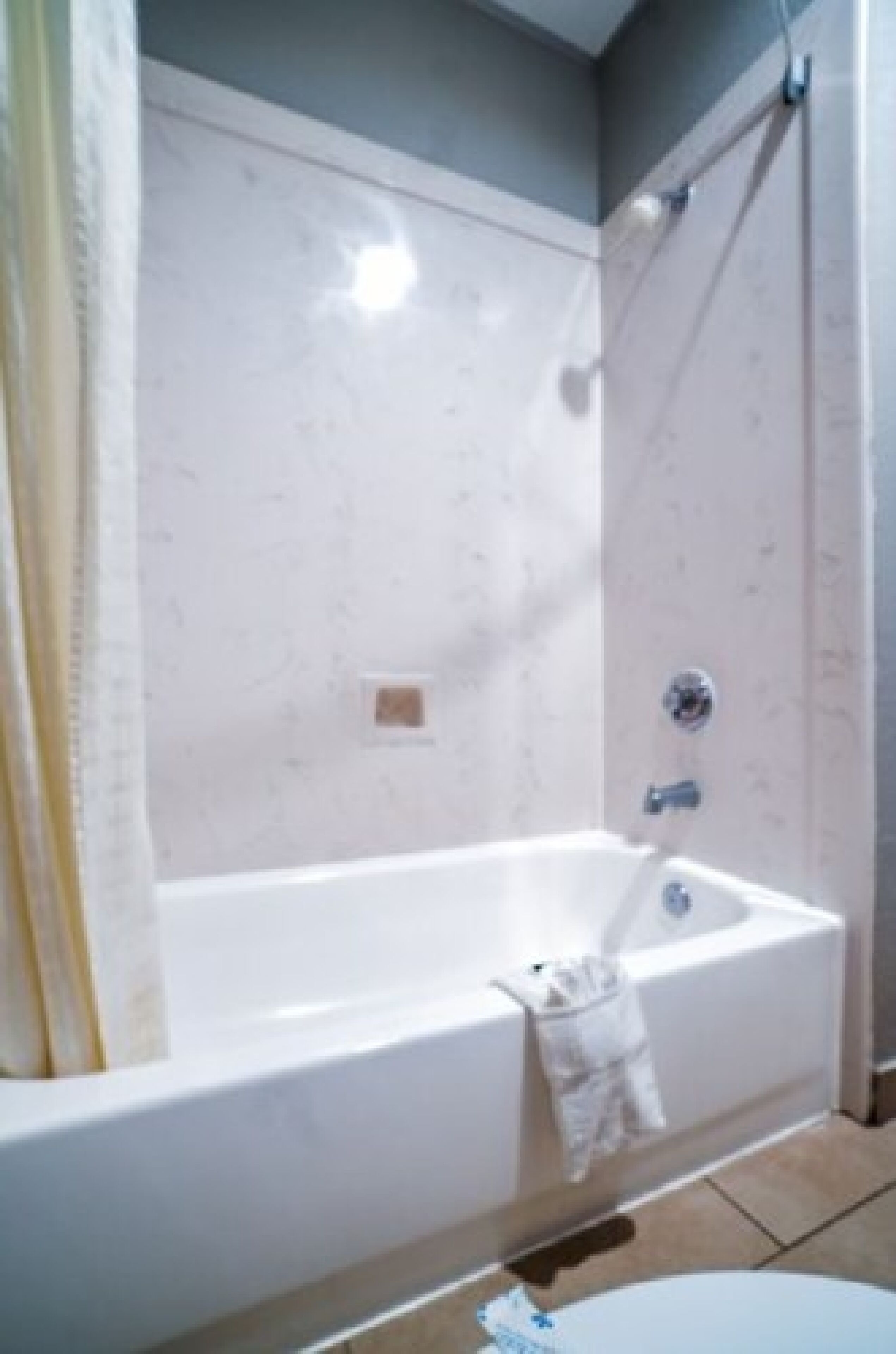 Un baño con una bañera blanca, ducha e inodoro.