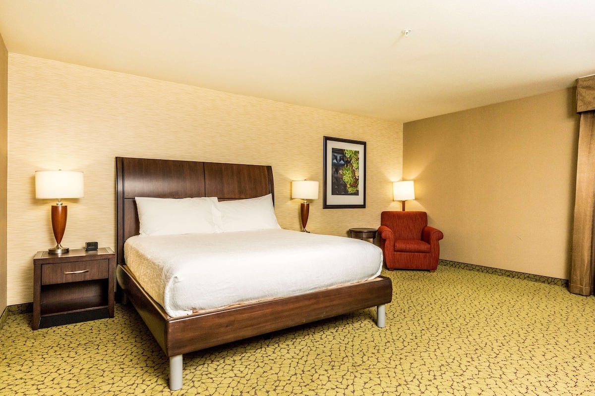 A hotel room with a large bed, two bedside tables with lamps, a red armchair, and a framed picture on the wall.
