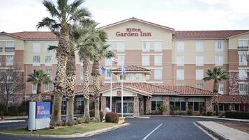 A Hilton Garden Inn with a brick facade, multiple windows, and palm trees in the foreground.