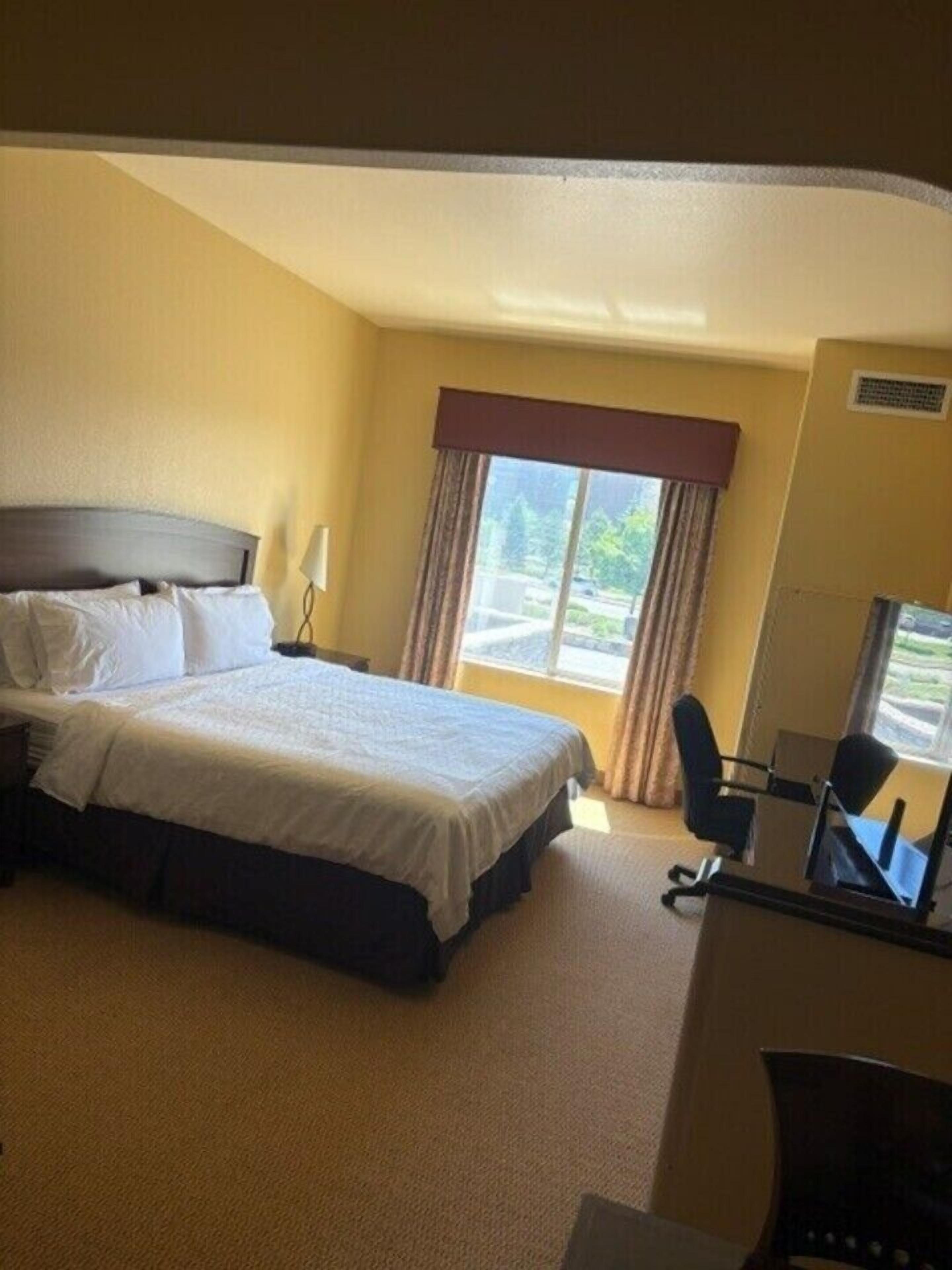 A hotel room with a bed, a desk, a chair, and a window with curtains.