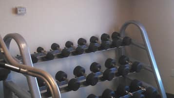 A gym with a rack of dumbbells and a treadmill.