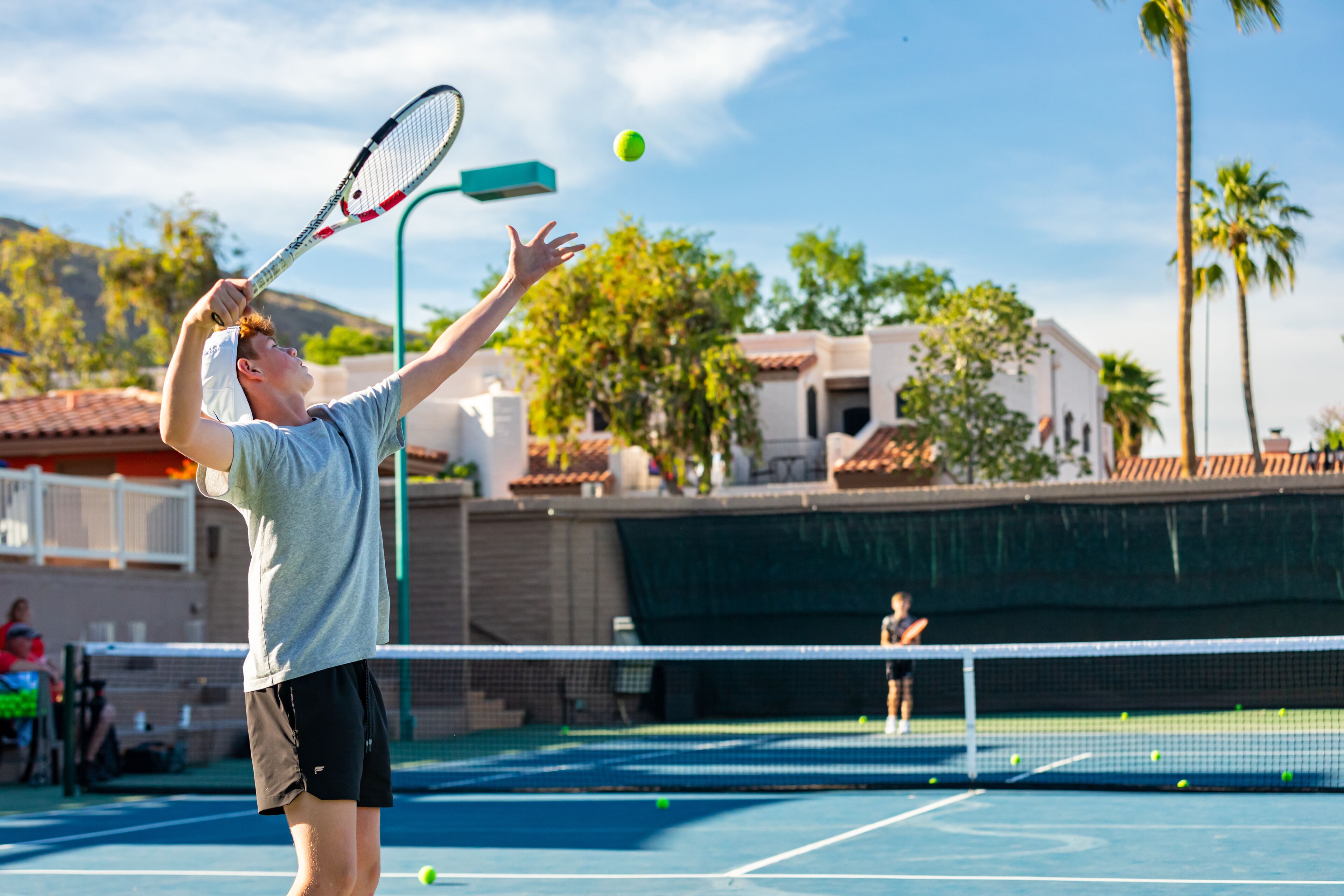 Een tennisbaan met een net, een speler in een grijze shirt en zwarte korte broek, en palmbomen op de achtergrond.