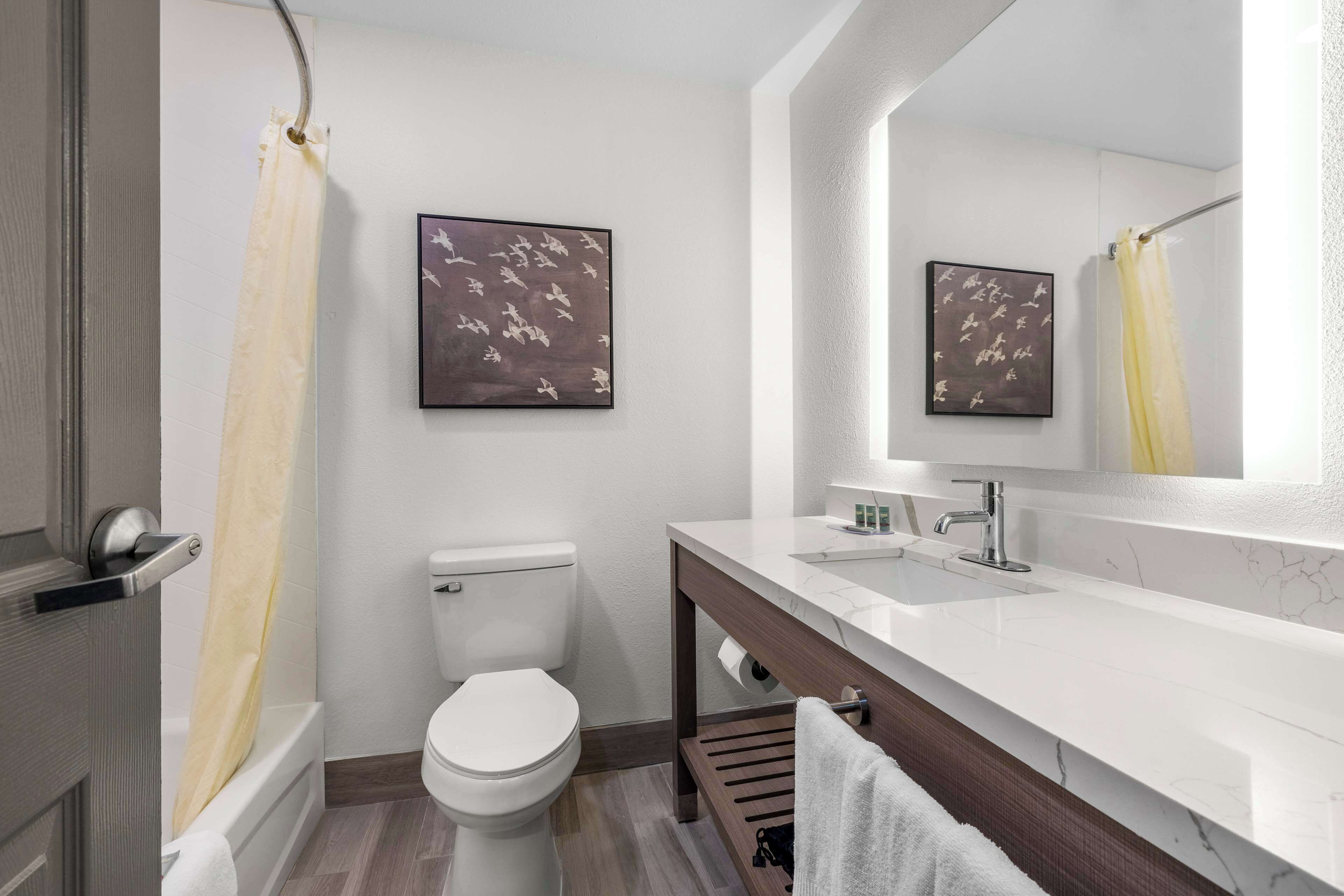 Une salle de bain moderne équipée de toilettes, d’un lavabo et d’une douche.