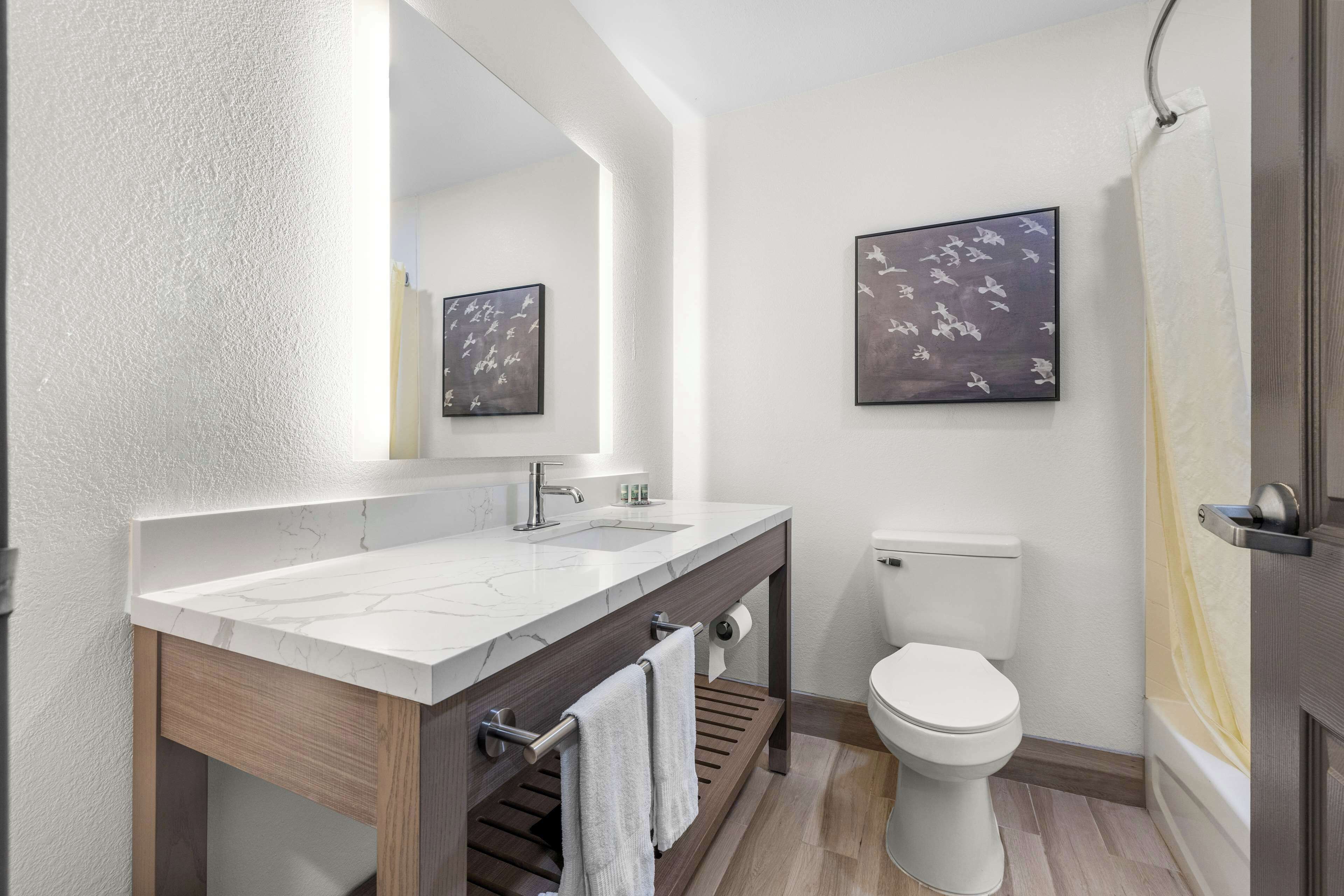 Une salle de bain moderne avec un lavabo en marbre, un meuble-lavabo en bois, des toilettes et un espace douche.