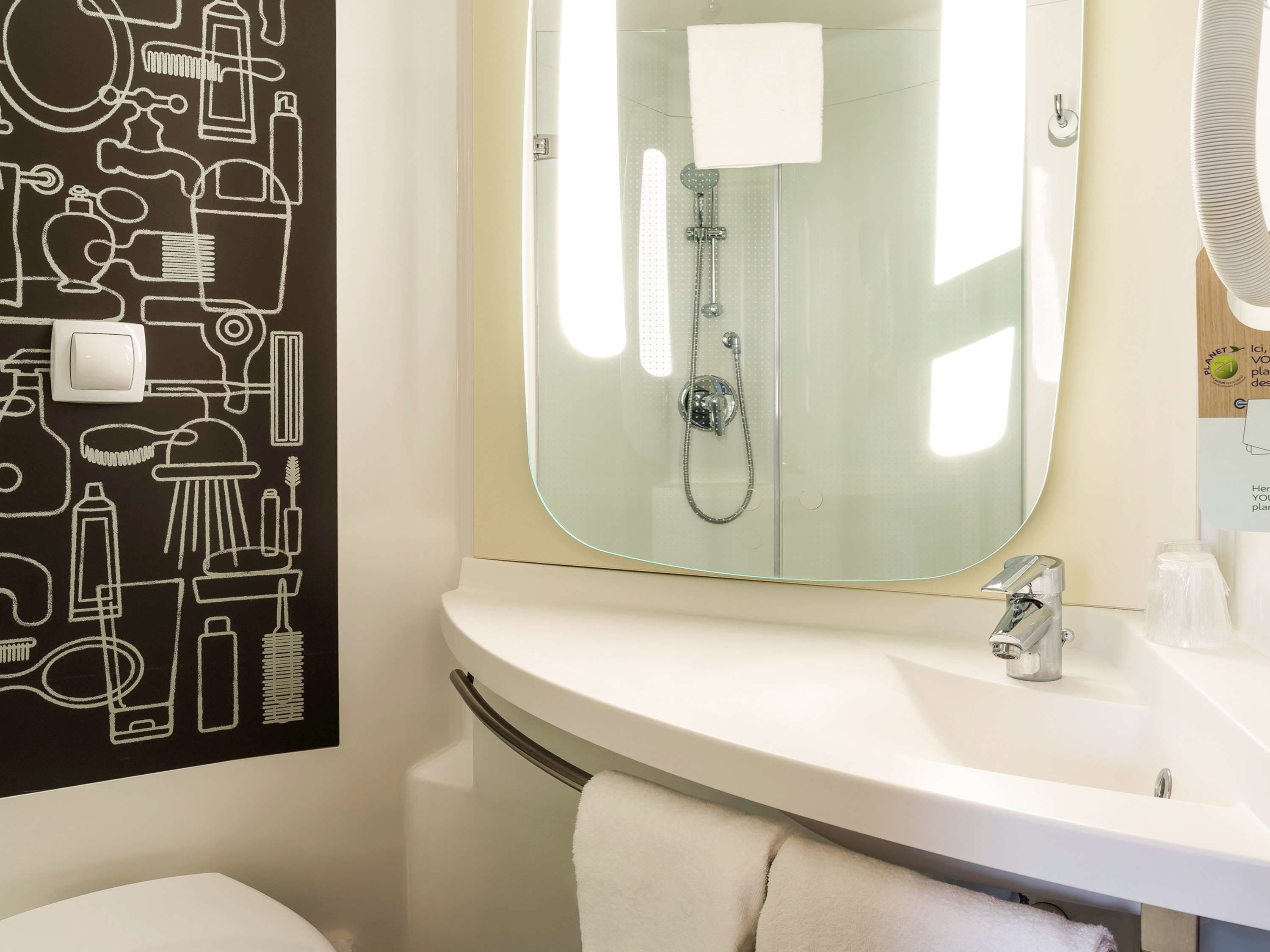 shower, eco-friendly toiletries, hair dryer, towels