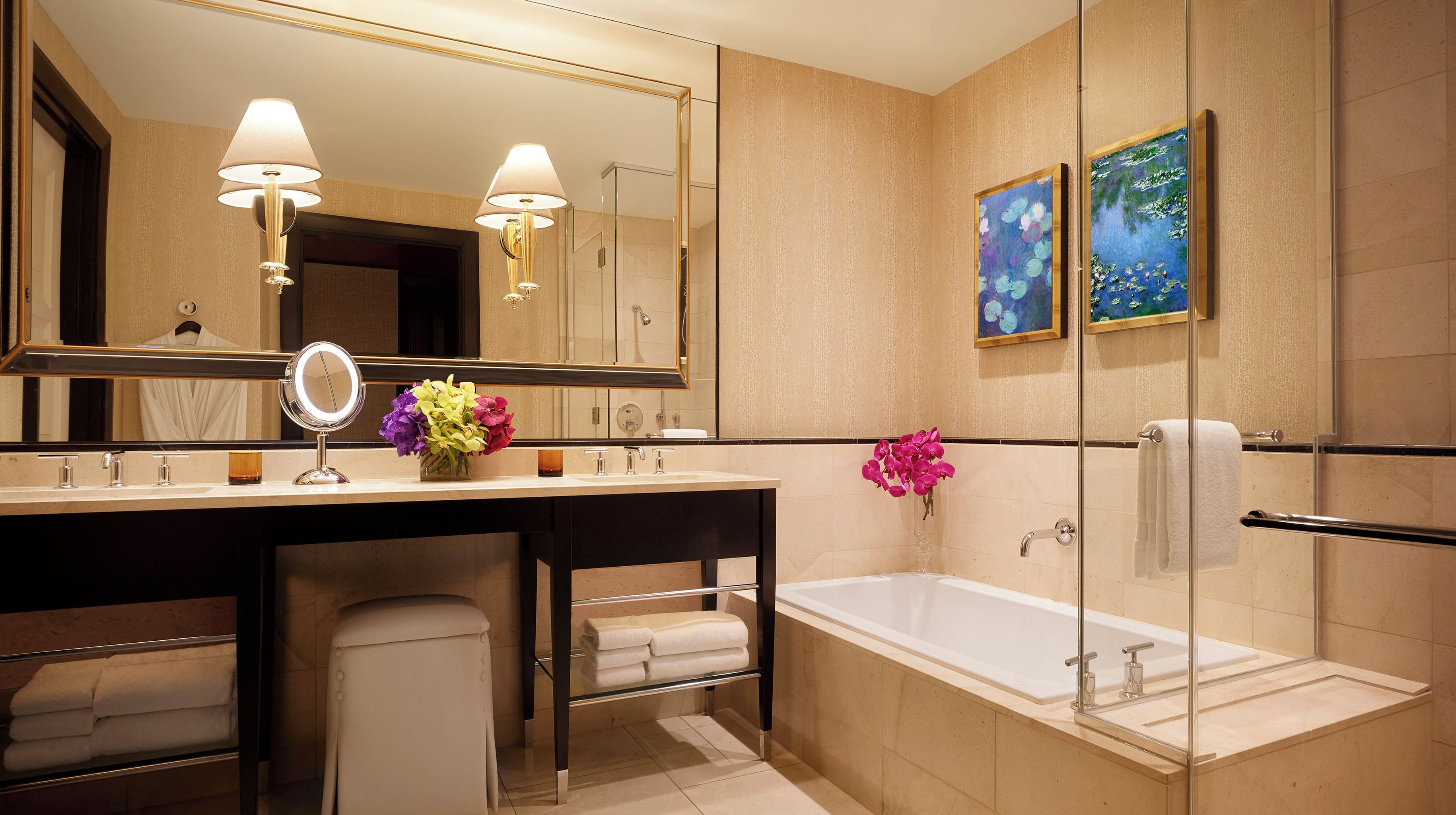 encore panoramic view king | bathroom | separate bathtub and shower, designer toiletries, hair dryer, bathrobes