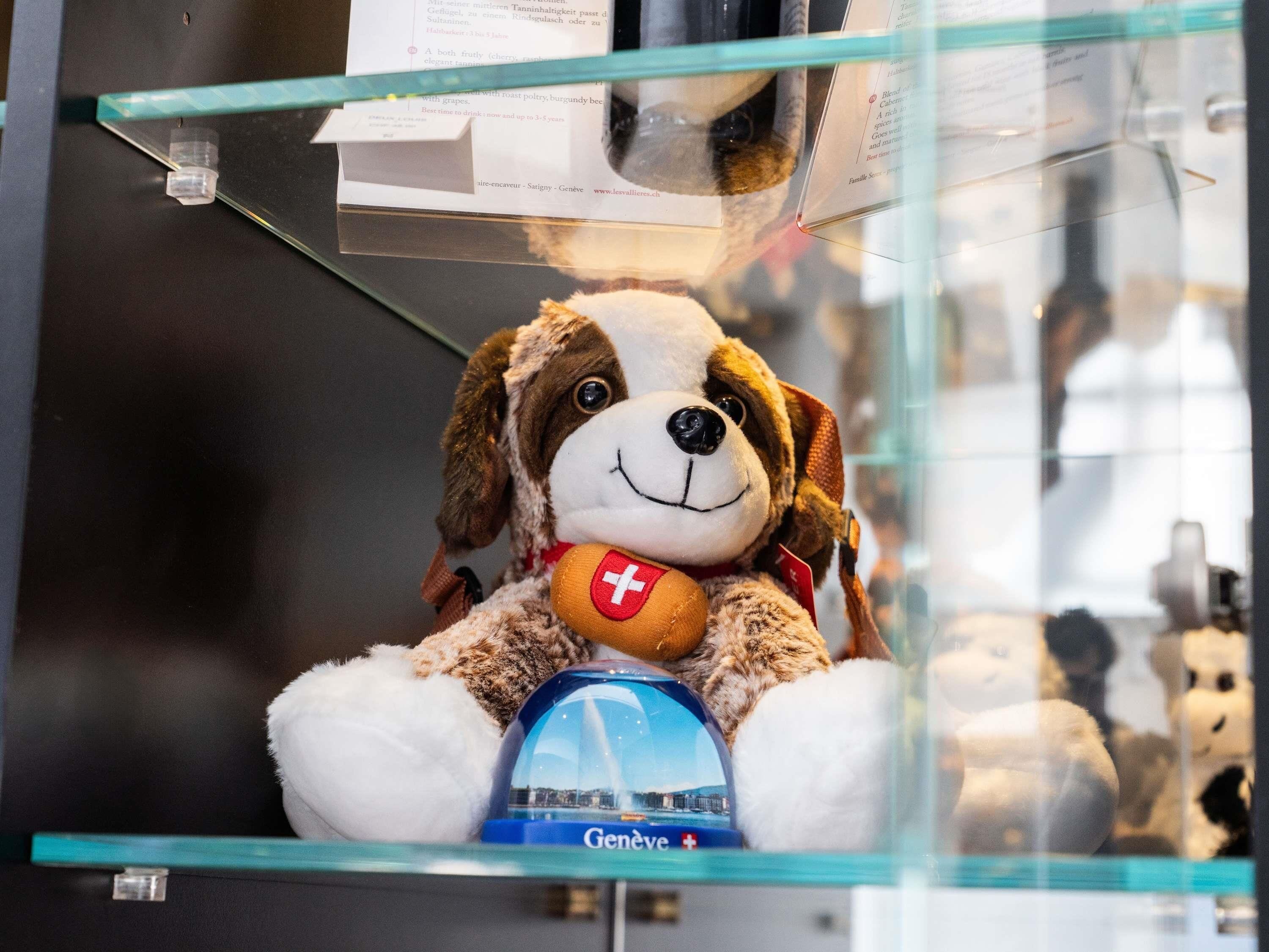 Un jouet pour chien en peluche orné d’un drapeau suisse, posé sur un objet bleu représentant un paysage urbain, derrière une vitrine.