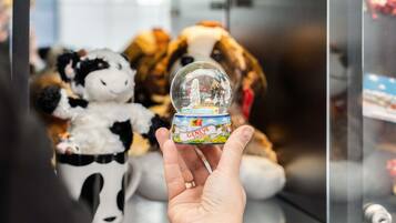 A hand holding a snow globe with a label that reads 'GENEVE SUISSE.'