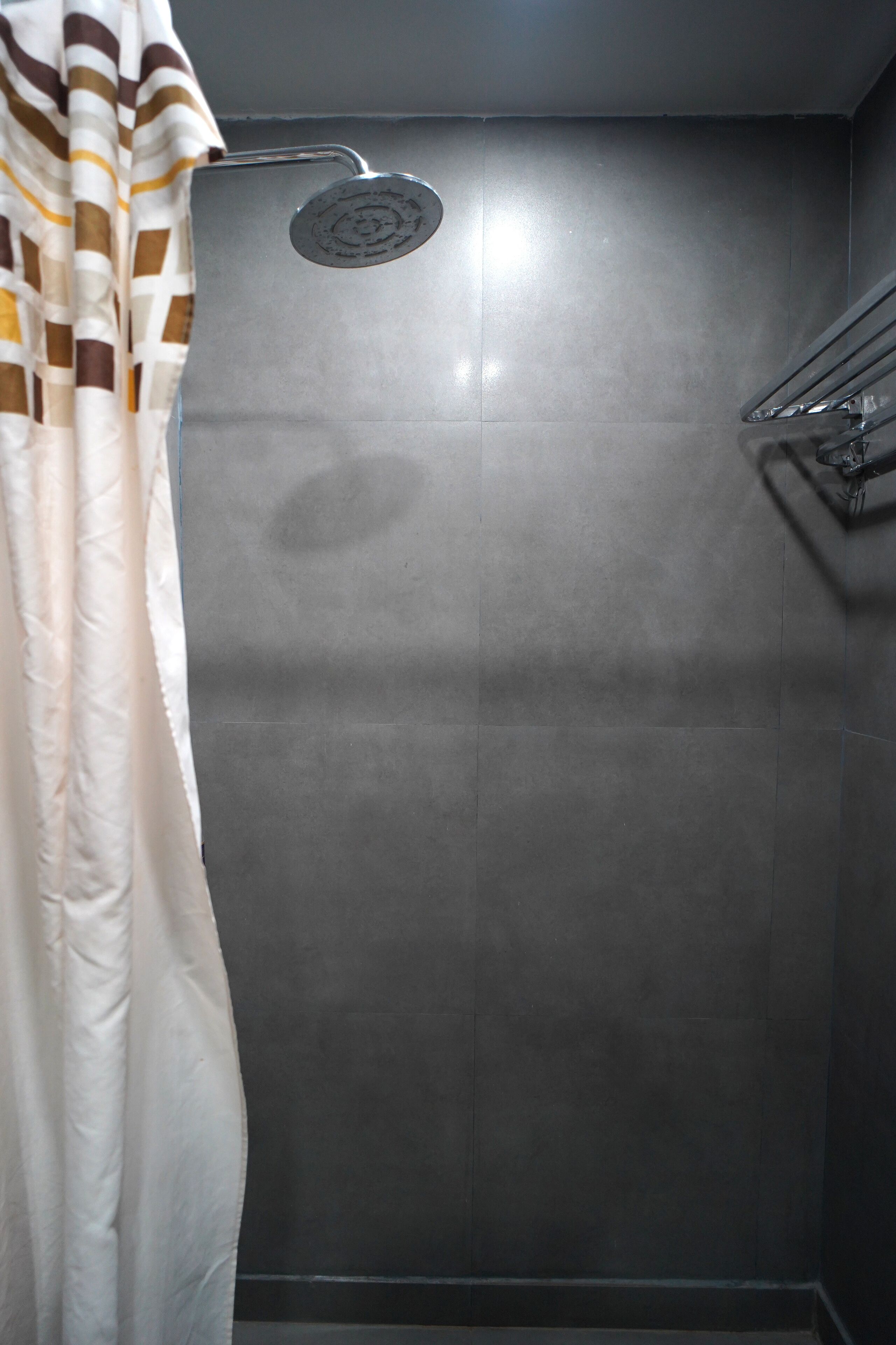 Dusche mit Regendusche und Handtuchhalter.