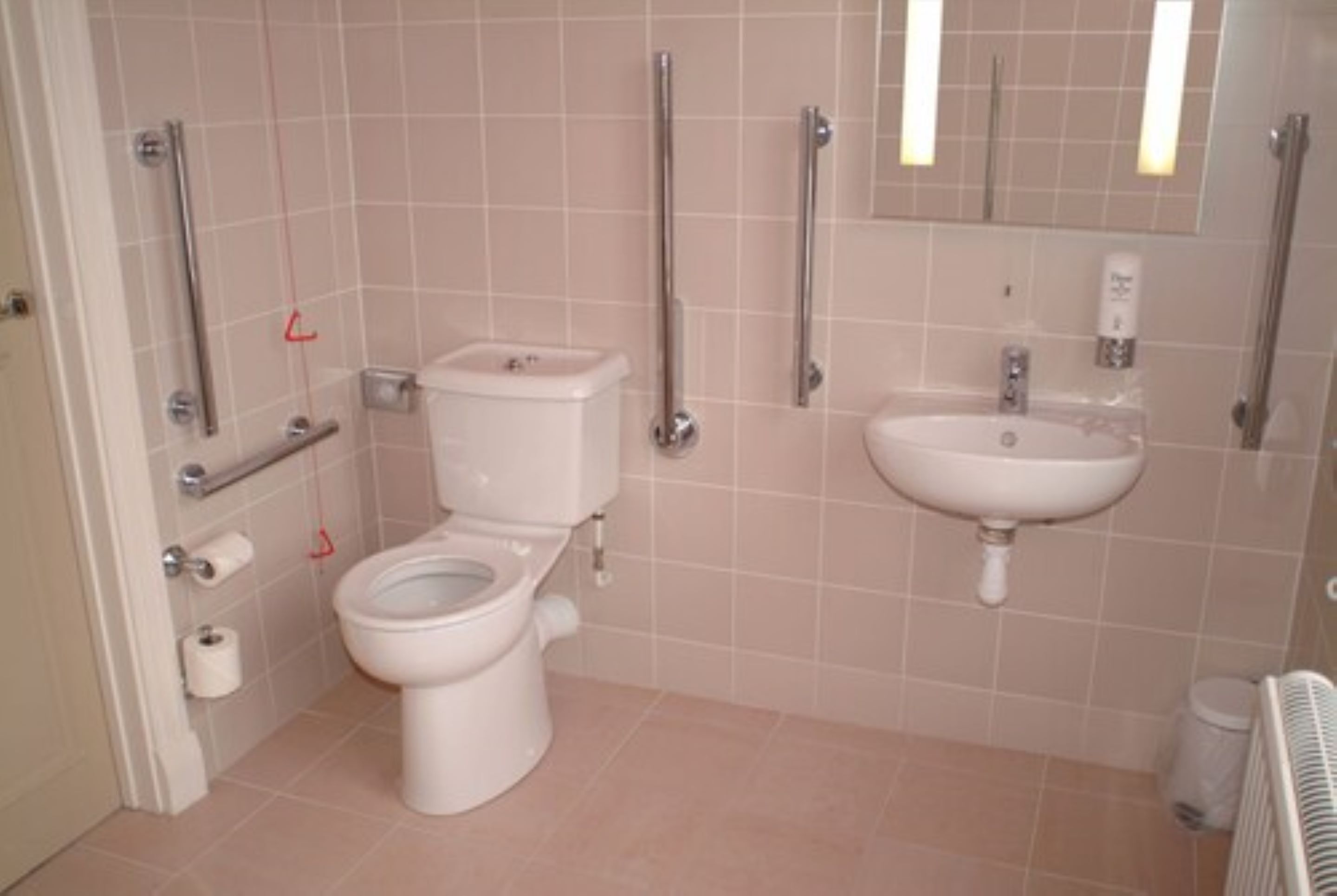 A bathroom with a toilet, a sink, and grab bars.
