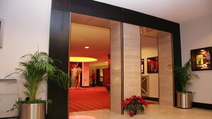Um hall com tapete vermelho, plantas em vasos e um espelho grande na parede.