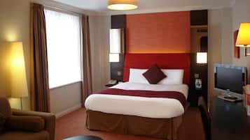 Desk, laptop workspace, blackout drapes, iron/ironing board