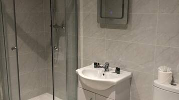 Een moderne badkamer met een douchecabine van glas, een witte wastafel met spiegel erboven en een toilet.