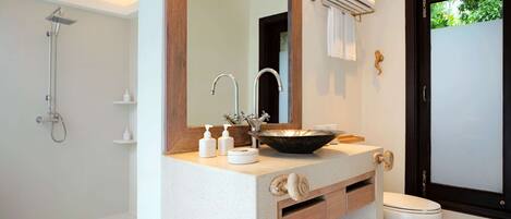 A modern bathroom with a large mirror, a sink with a bowl, a shower, and a toilet.