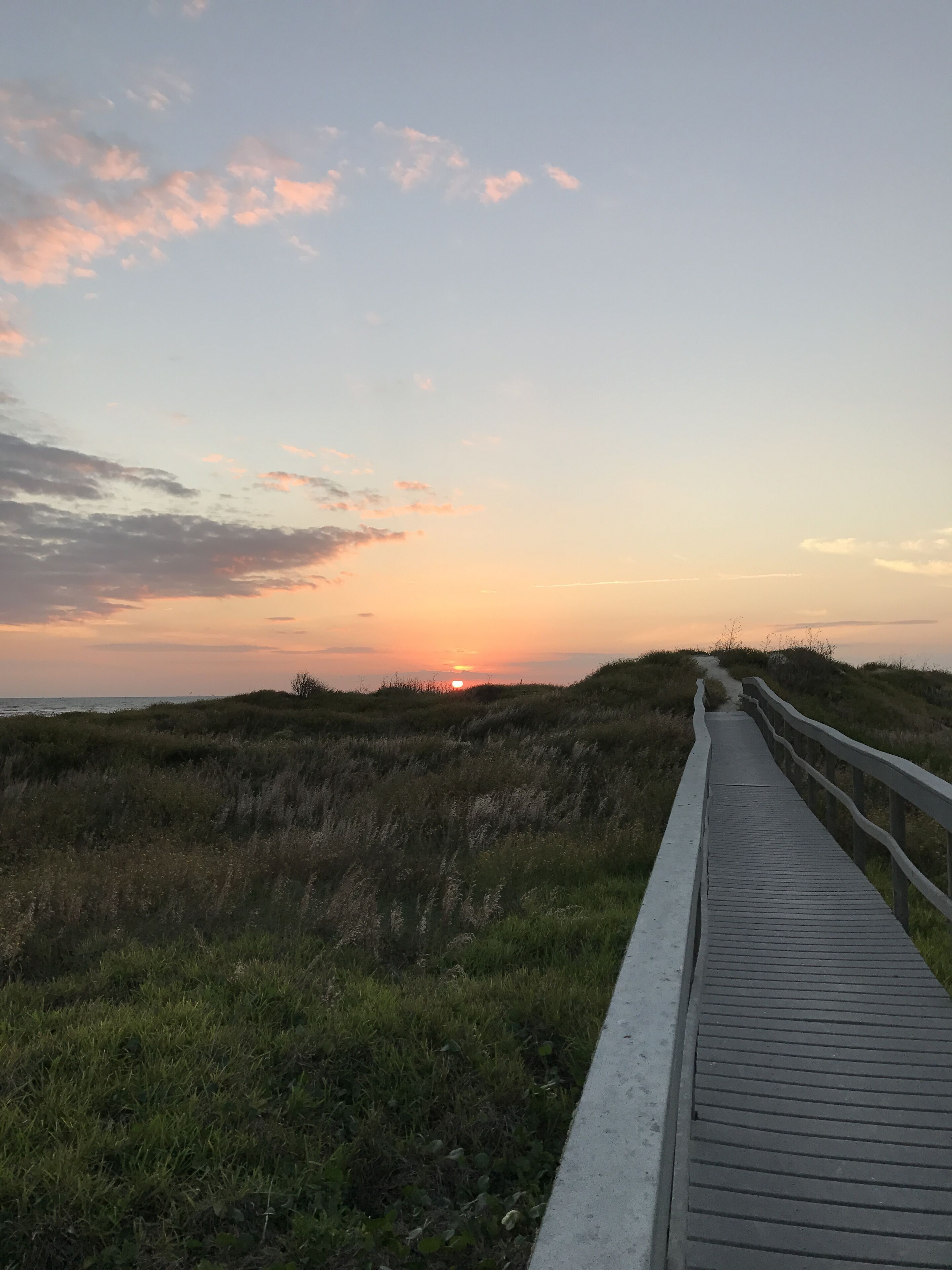 Ein hölzerner Steg führt zu einem Sonnenuntergang über einer grünen Landschaft.