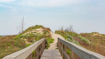 A wooden boardwalk leading to a dune landscape.