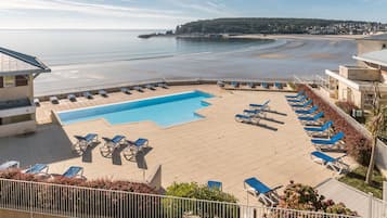 Seasonal outdoor pool, pool umbrellas, pool loungers