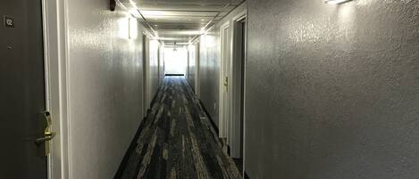 A long, narrow hallway with carpeted floors and doors on both sides.