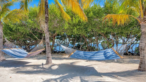 A beach with hammocks under palm trees, a sandy beach, and a clear blue sky. - Dove Creek Resort & Marina, Trademark Collection by Wyndham (Key Largo)