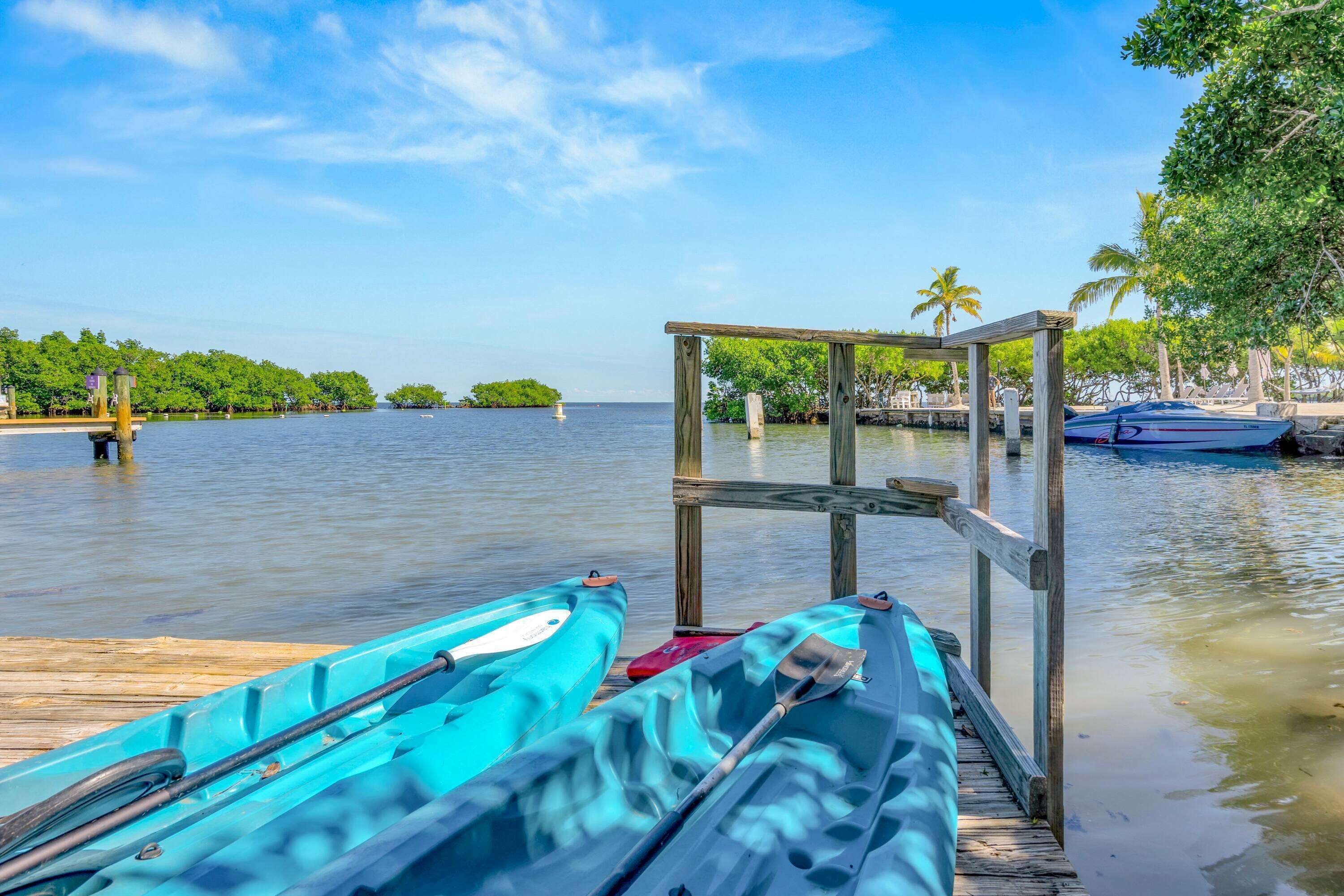 A wooden dock with kayaks and a boat, surrounded by calm water and palm trees.