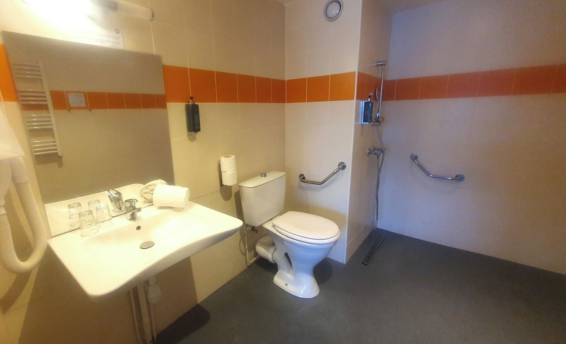 Un baño con inodoro, lavamanos y ducha.