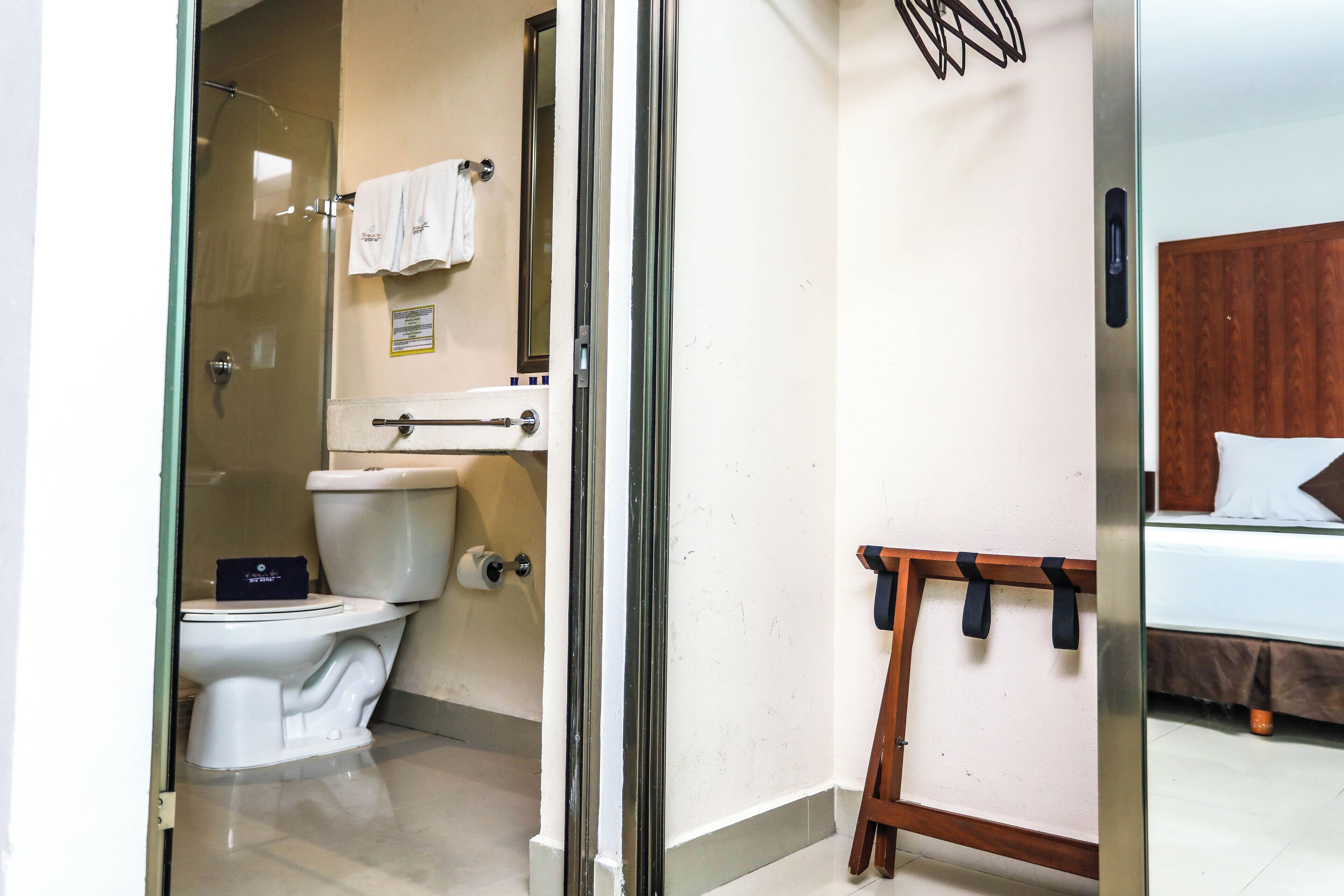 A bathroom with a toilet, a shower, and a bed.