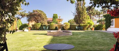 Ein Garten mit Brunnen, gepflasterter Terrasse und Rasenfläche.