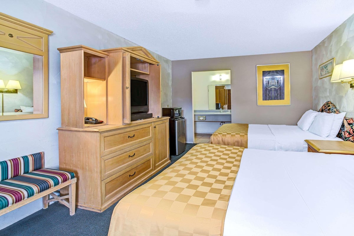 A hotel room with a large bed, a desk with a chair, a dresser, a television, a microwave, and a bathroom mirror.