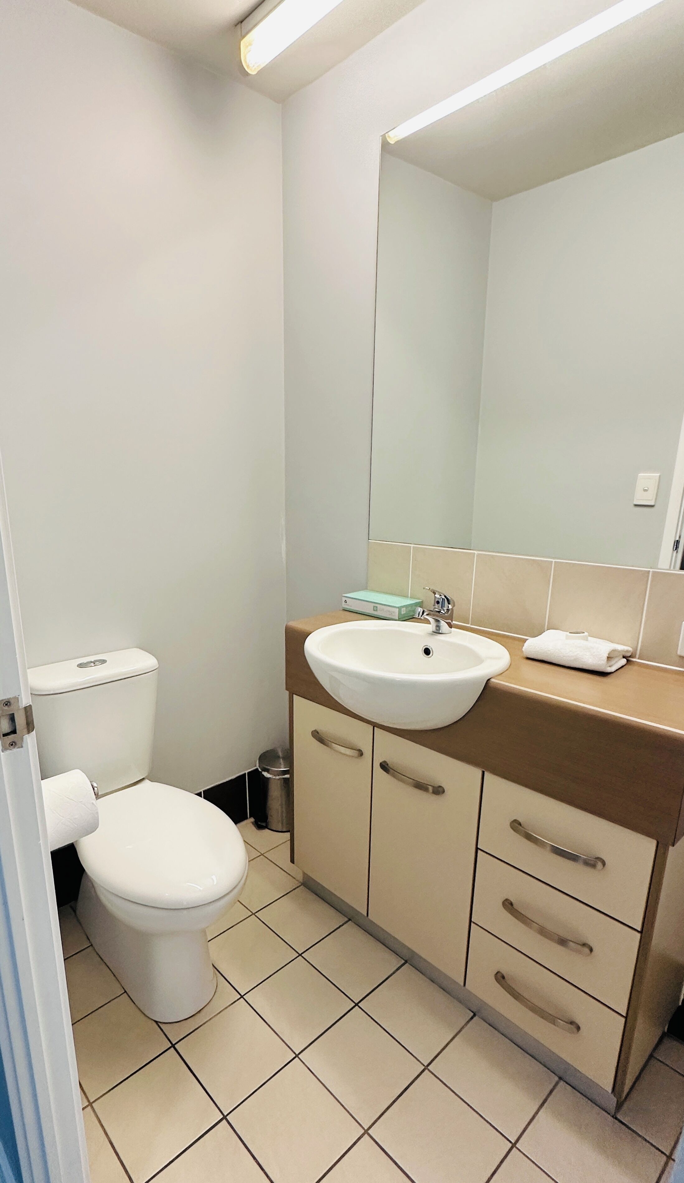 Une salle de bain équipée de toilettes, d’un lavabo, d’un miroir et d’un meuble de rangement.