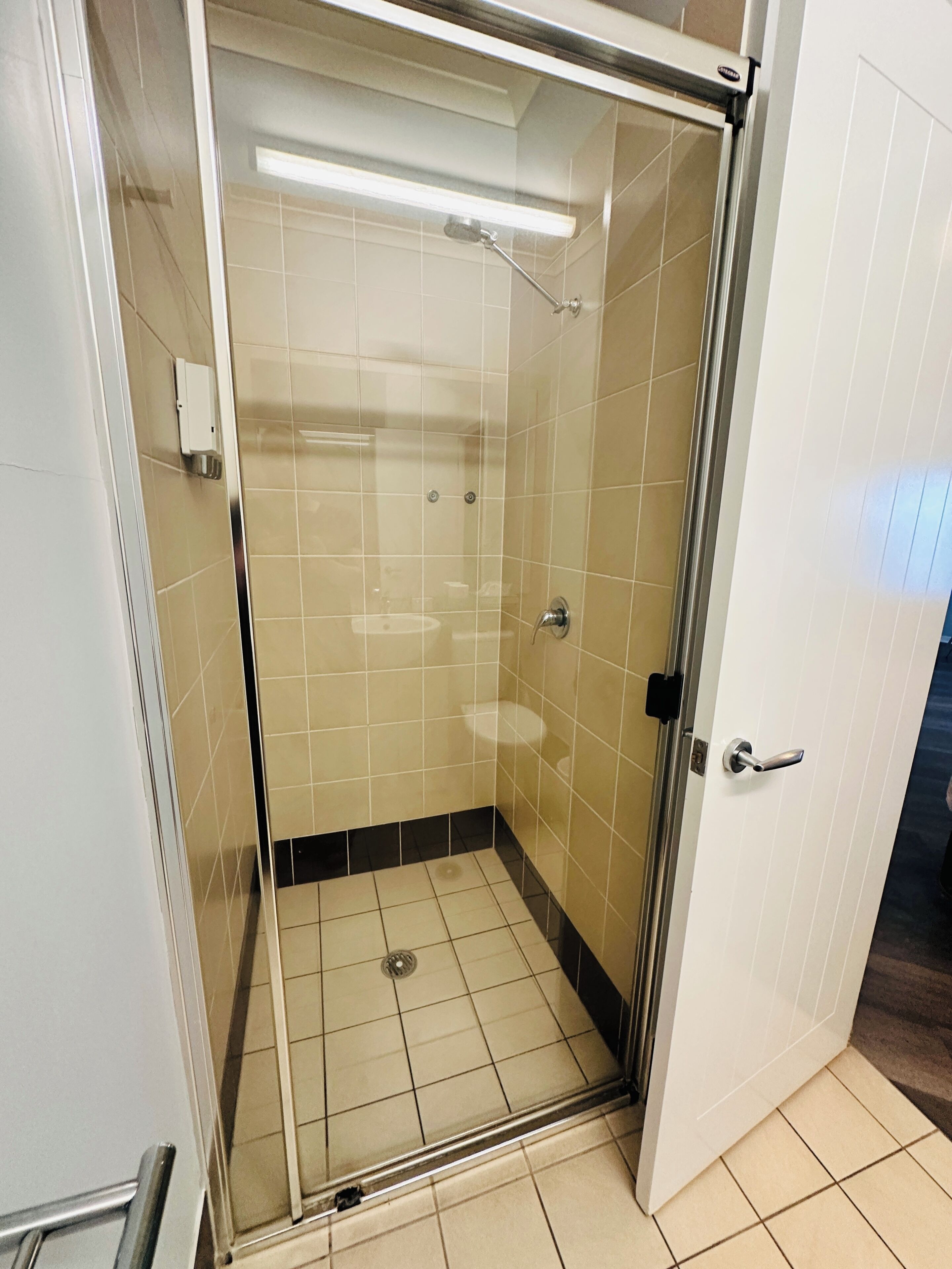Une cabine de douche fermée par des parois en verre, dotée d’un sol carrelé, d’un pommeau de douche à main et d’une porte avec une poignée.