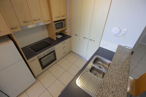 Fridge, microwave, electric kettle, toaster