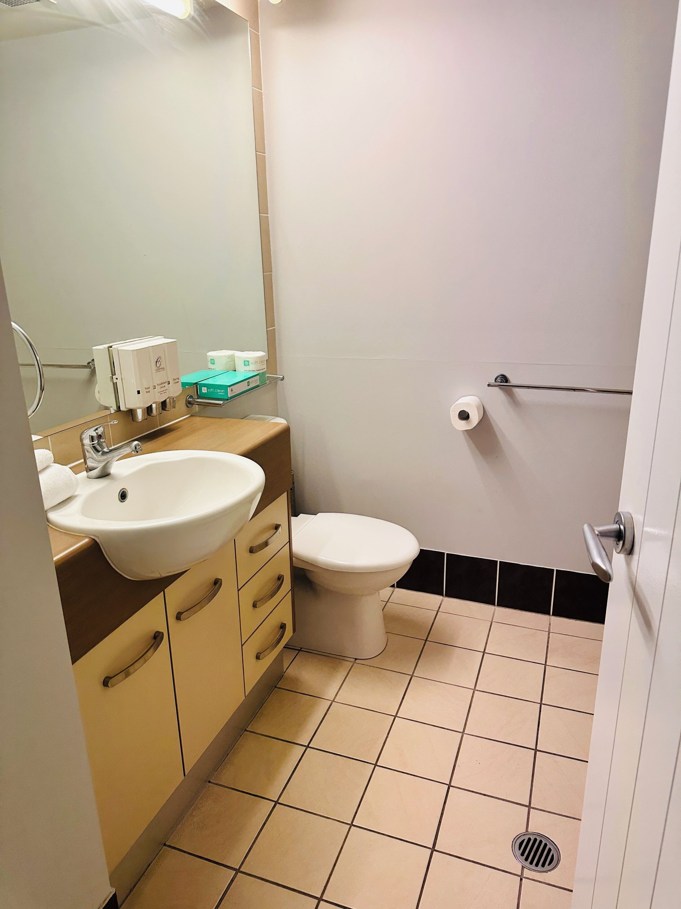 A bathroom with a sink, mirror, toilet, and a towel rack.