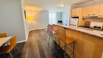 Fridge, microwave, electric kettle, toaster