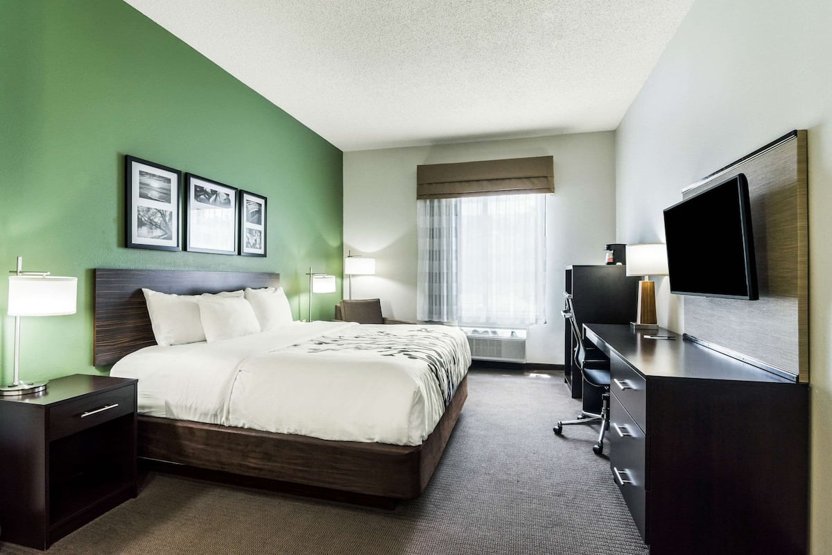 A hotel room with a large bed, a desk with a TV, and a window with curtains.