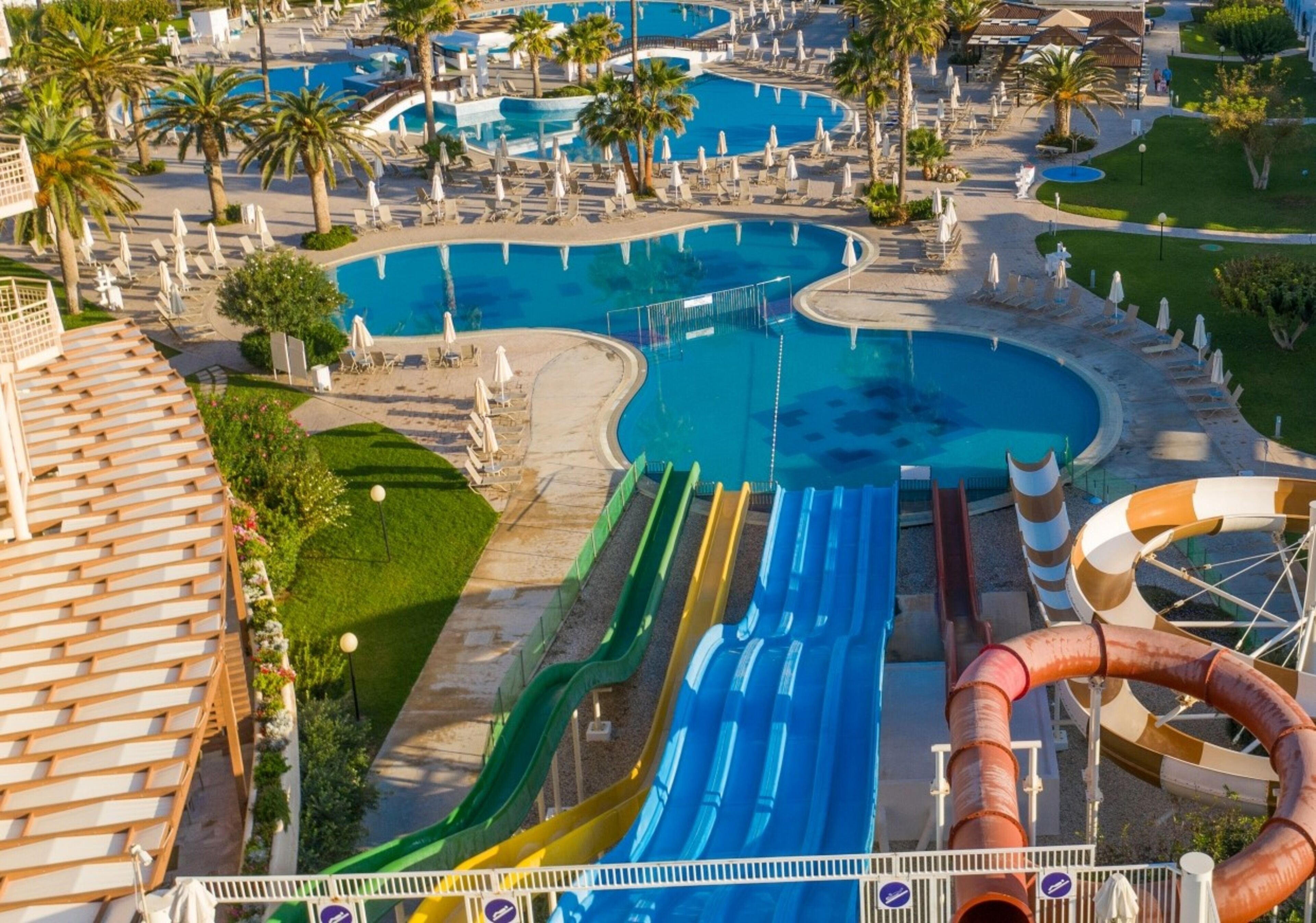 A water park with multiple pools, slides, and a lazy river.