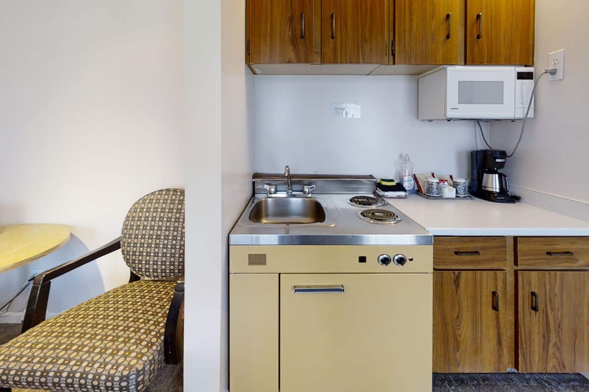 mini-fridge, microwave, coffee/tea maker, toaster