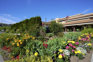 A hotel with a garden in front, surrounded by trees and a clear sky.
