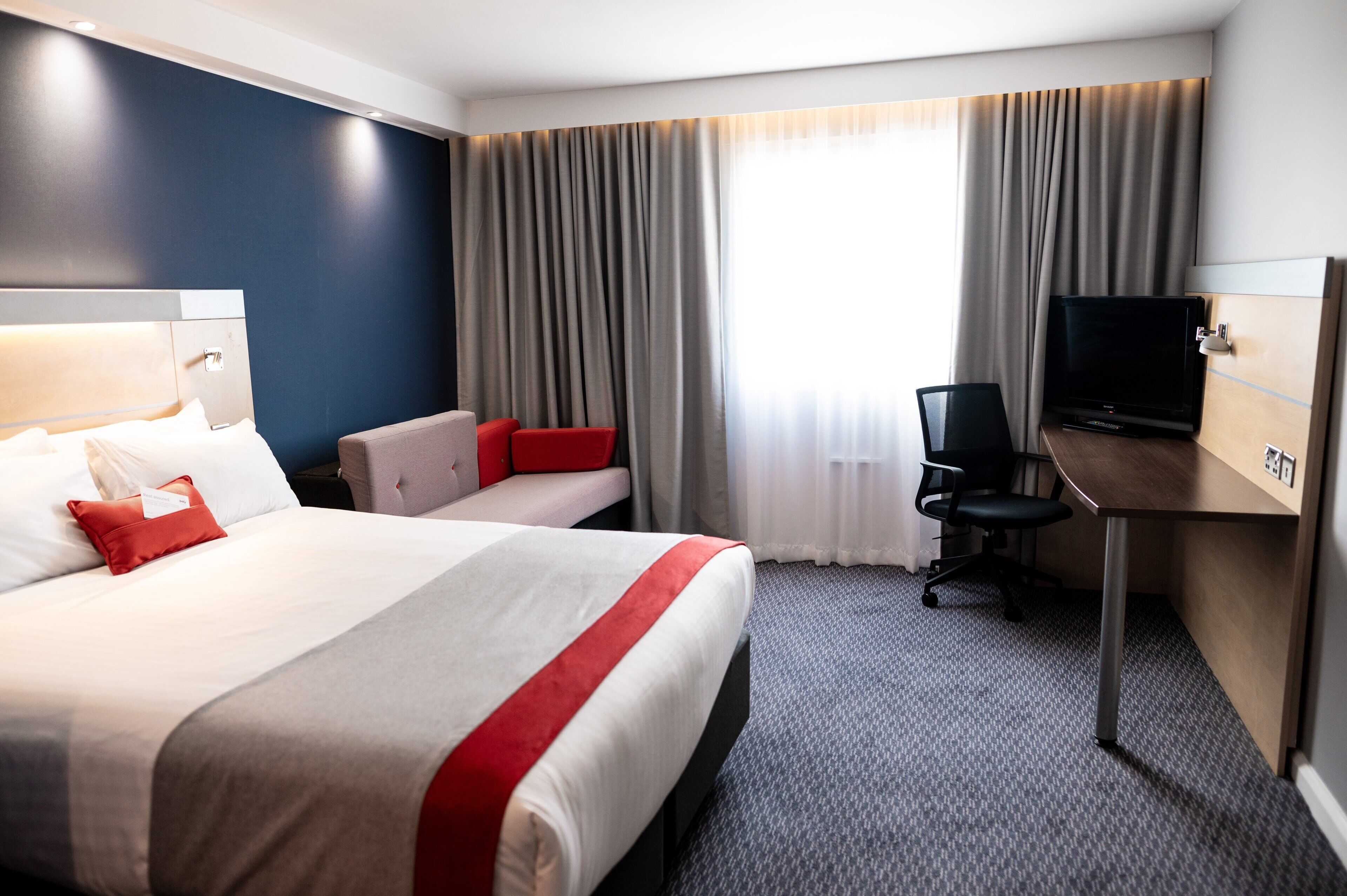 desk, laptop workspace, blackout curtains, soundproofing