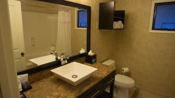 Combined shower/bathtub, jetted bath, designer toiletries, hair dryer