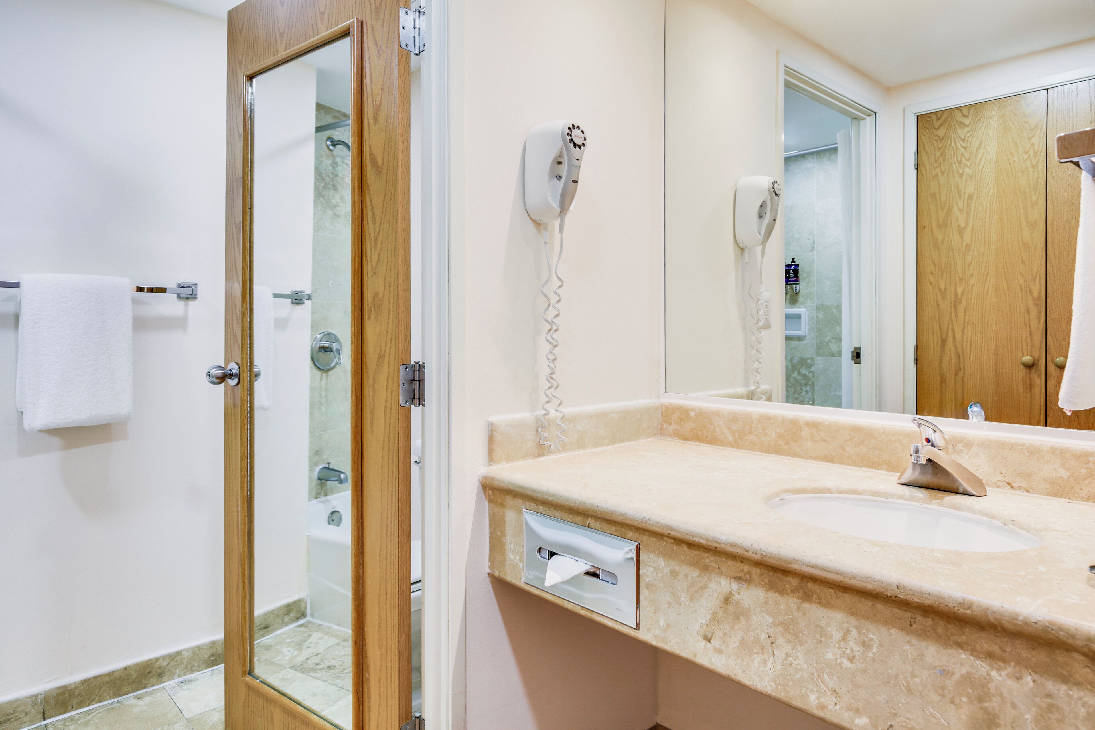 combined shower/bathtub, deep-soaking bathtub, hair dryer, towels