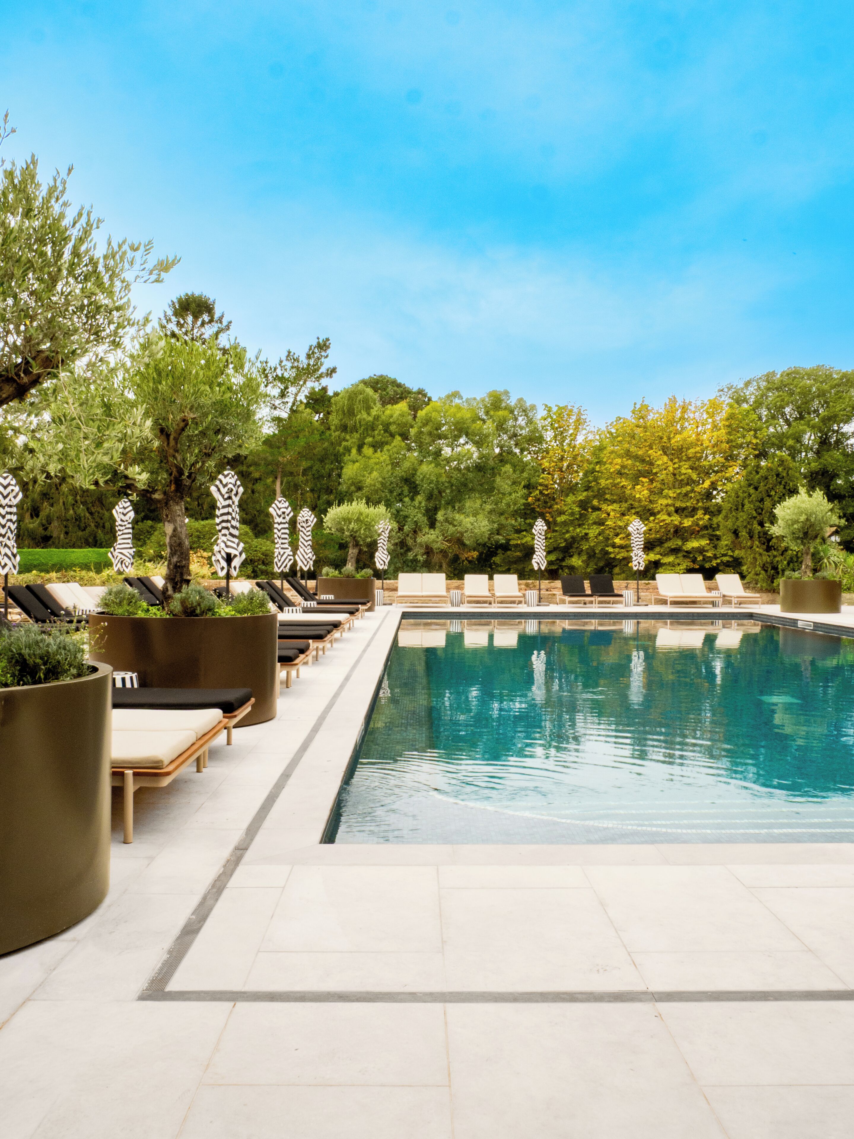 Zona de piscina con sillones de descanso y jardineras.
