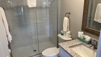 A modern bathroom with a glass-enclosed shower, a toilet, a sink, and a vanity with a mirror.