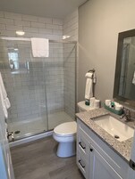 A modern bathroom with a glass-enclosed shower, a toilet, and a sink with a granite countertop.