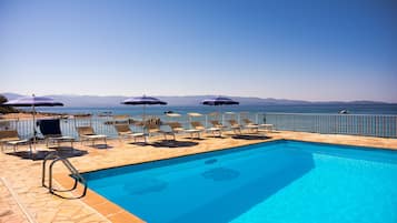 Outdoor pool, pool umbrellas, pool loungers