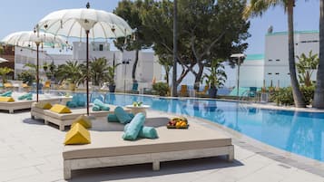 Seasonal outdoor pool, pool umbrellas, pool loungers