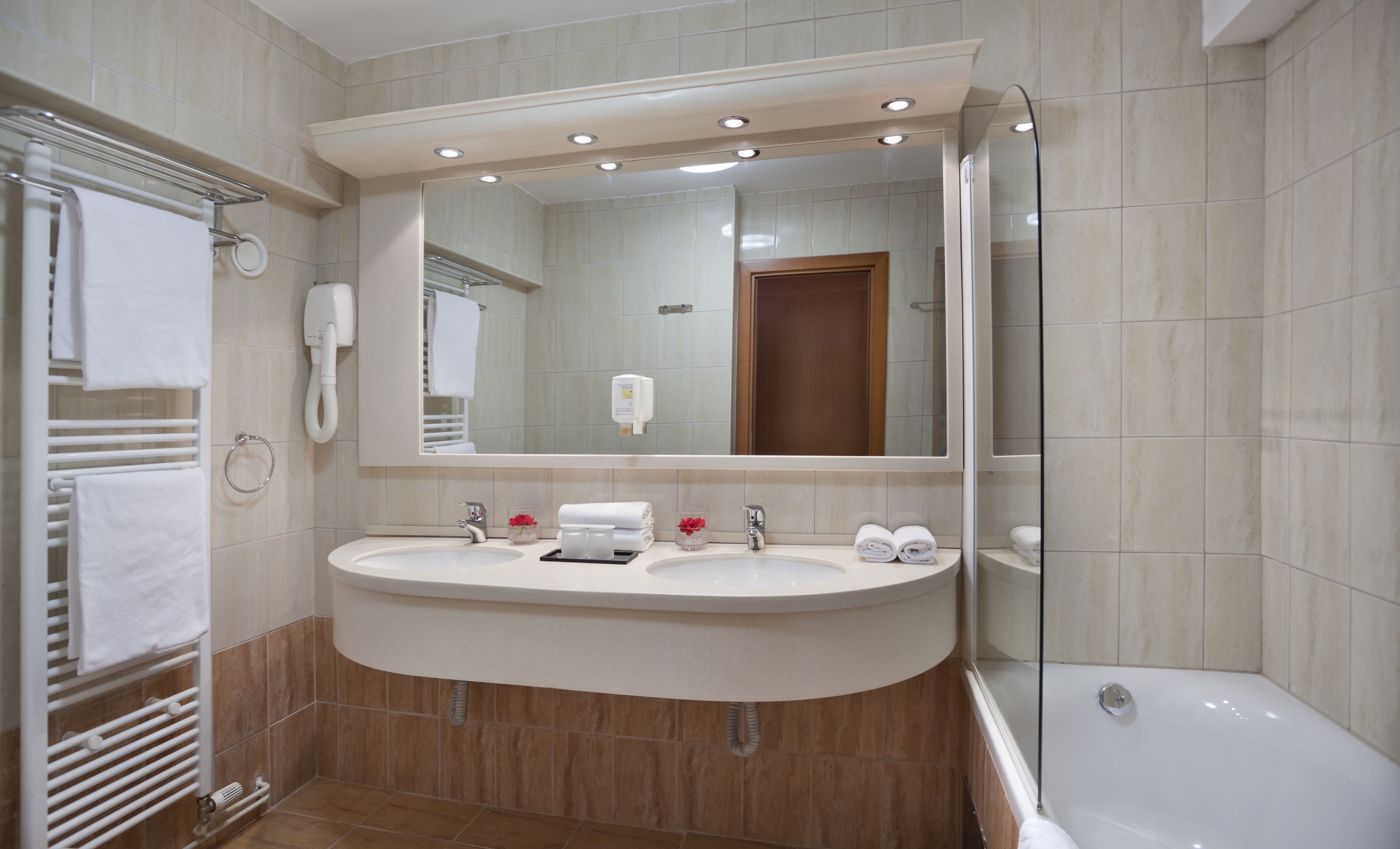 superior twin room | bathroom | hair dryer, slippers, towels, soap