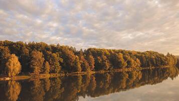 A calm lake reflecting a forested landscape with a clear sky above.