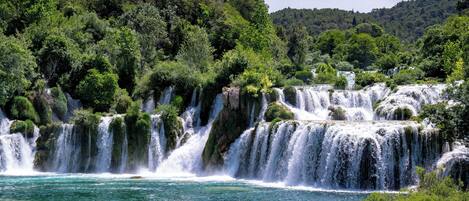 A waterfall cascading over rocks into a clear body of water, surrounded by lush greenery and trees.